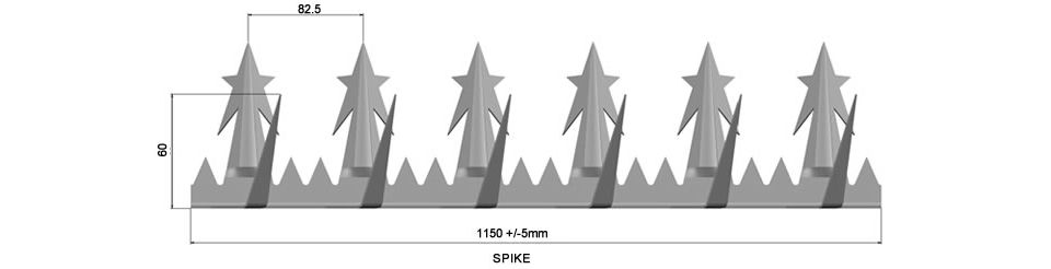 Galvanized spike fence topping in lengths of 2.44 meters.